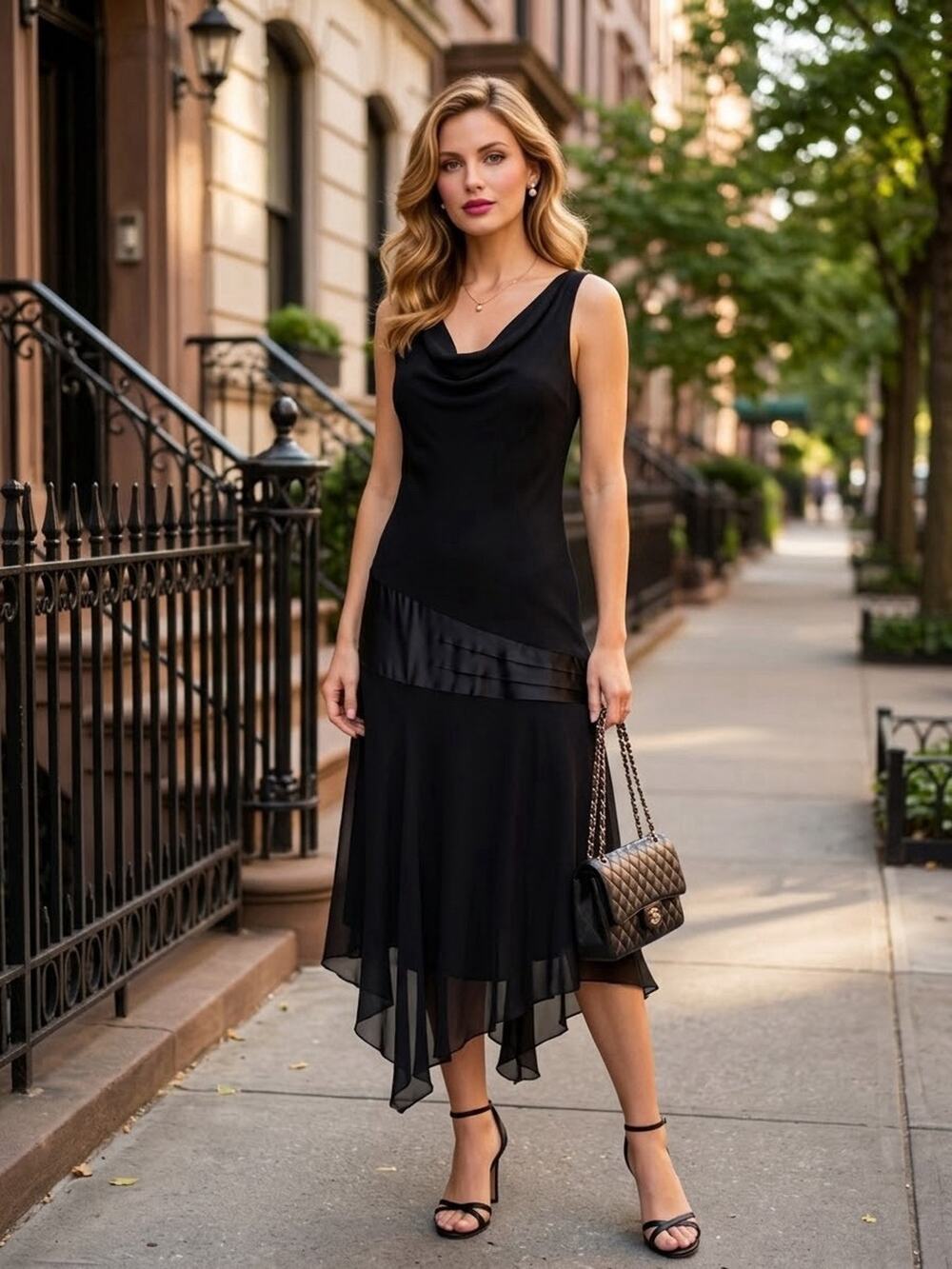 Jonathan Martin Black Silk Cowl Neck Asymmetrical Chiffon Dress Gatsby Sz 12 Y2K